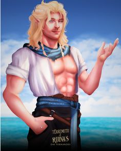 a painting of a man with long blonde hair and no shirt holding his hands out