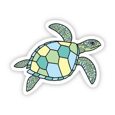 a green turtle sticker with blue and yellow patterns on it's back, swimming in the water