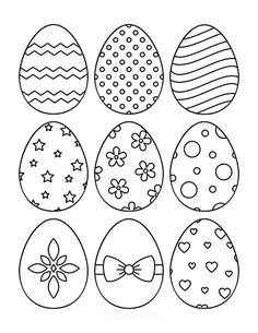 an easter egg coloring page with six decorated eggs in different shapes and sizes, including the bow