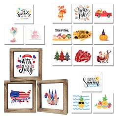 a group of framed pictures with different types of holiday designs on them, all in wooden frames