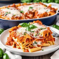 a white plate topped with lasagna covered in sauce and parmesan cheese