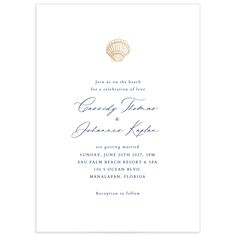 the seashell wedding card is shown in navy and gold, with a white background