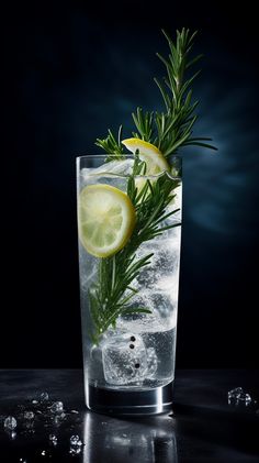 a glass filled with ice and lemon wedges on top of a black countertop