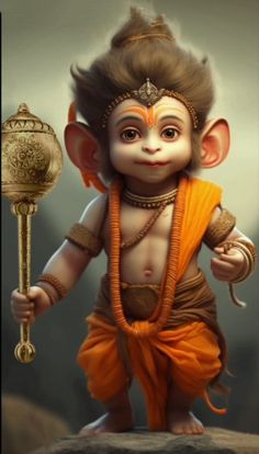 an image of a monkey with a key in it's hand and wearing orange clothes