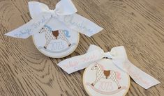 "Includes ONE embroidered hoop Christmas ornament. Choose baby blue (boy) or pink (girl) or add personalization with name (up to 10 letters). Ornament hoop is 4\" circle with embroidered rocking horse and current year \"2023\" along with coordinating white grosgrain bow that reads \"Baby's First Christmas\". If choosing with personalization, please provide name in the personalization box. If you need a different year,  please message me." Christmas Rocking Horse, Embroidered Christmas Ornaments, Monogram Bow, Embroidered Hoop, Letter Ornaments, Boy Newborn, Blue Boy, Baby Christmas Gifts, Baby's First Christmas