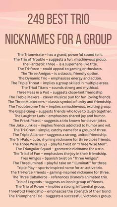 the back side of a pink and black poster with words on it that read, ` 29 best trio nicknames for a group '