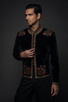 Black velvet jacket featuring zardozi embroidered vine motifs on border, embellished by beads and resham embroidered floral motifs. - Aza Fashions Traditional Formal Outerwear With Floral Embroidery, Formal Traditional Outerwear With Floral Embroidery, Traditional Fitted Embellished Outerwear, Traditional Floral Embroidered Outerwear For Formal Occasions, Traditional Floral Embroidered Formal Outerwear, Fitted Traditional Embellished Outerwear, Traditional Embellished Nehru Jacket With Long Sleeves, Traditional Long Sleeve Embellished Nehru Jacket, Traditional Fitted Outerwear With Gold Embroidery