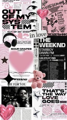 a collage of pink and black images with hearts, stars, and other things