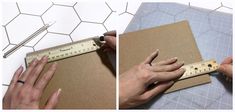 two pictures showing how to make a diy photo album with tape measure and scissors