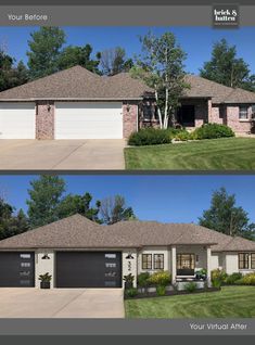 before and after photos of a house with garage doors on the front, side and back