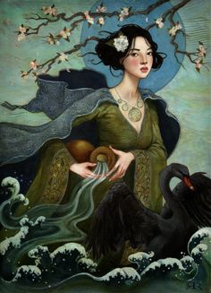 a painting of a woman holding a bird in her hand