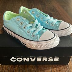 Nwt, Never Worn, Converse Sneakers- Baby Blue With Lime Green!! Looove These!!!!! Perfect For Any Summer!! Cute Blue Sneakers For School, Blue Cotton Canvas Shoes With Rubber Sole, Blue Low-top Canvas Shoes For School, Blue Sporty Canvas Shoes For Spring, Blue Slip-on Cotton Canvas Shoes, Sporty Blue Canvas Shoes For Spring, Blue Cotton Canvas Shoes For Spring, Cute Blue Non-slip Sneakers, Blue Cotton Slip-on Canvas Shoes