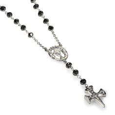 Diamond cross rosary necklace. A signature Catherine Angiel design that's a celebrity favorite! Black Beaded Crucifix Jewelry, Silver Crucifix Jewelry With Black Beads, Diamond Rosary, Diamond Jewerly, Rosary Cross, Edgy Jewelry, Rosary Necklace, Rosary Beads, Diamond Cross