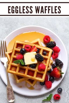 Stack of eggless waffles topped with butter, berries, and maple syrup. Homeade Waffles, Waffle Recipe Without Eggs, Eggless Waffle Recipe, Egg Waffle Recipe, Easy Waffle Recipe, Egg Waffle, Fluffy Waffles, Waffles Easy