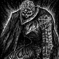 a black and white drawing of a man in armor with an evil face on his head