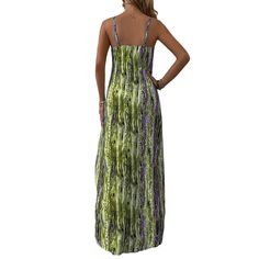 Light Green Printed Spaghetti Straps Maxi Dress Green Suspender Sundress For Vacation, Green Cami Beach Dress, Green Beach Cami Dress, Green Cami Sundress For Vacation, Green Suspender Dress For Vacation, Green Cami Sundress For Beach, Green Maxi Sundress With Adjustable Straps, Green Sling Dresses For Spring, Green Suspender Dress For Beach In Spring