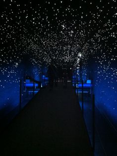 people are walking down a dark hallway with stars on the ceiling and in between them