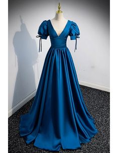 10% off now! Shop short-sleeved modest blue satin vneck prom dress online. Sheprom offers formal, party, casual & more style dresses to fit your special occasions. Prom Dress Simple, Satin Long Prom Dress, Prom Dresses Simple, Marine Uniform, A Line Evening Dress, Floor Length Prom Dresses, Evening Dresses With Sleeves, Blue Evening Dresses, Dress Simple