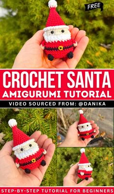 the crochet santa amigurm pattern is shown in three different pictures and includes instructions to make it