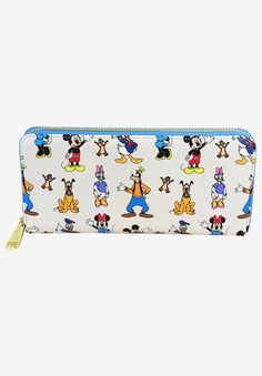 The biggest Disney fans will want to be seen with this stylish wallet from Loungefly featuring Mickey and Friends waving from the front and back.FABRIC: Faux LeatherThis wallet features an all-over print of Disney's famous friend group featuring Mickey, Minnie, Daisy, Donald, Goofy, Pluto, Chip and Dale printed on front and back on a white background. All-Over Print placement may vary.Zip-around main closure with Loungefly logo gold pull.Seven (7) card pockets including window ID Card pocket. Disney Loungefly badge plaque.Zippered coin pouch and two additional billfold /cash pockets. Interior lining is different silhouettes of the characters.Clutch wallet, Saffiano faux leather.Wallet folded measures approximately: 8" x 4".Officially Licensed Loungefly x Disney merchandise. Disney Prices, Chip And Dale, Disney Shop, Disney Merchandise, Mickey Minnie Mouse, Disney Ladies, Mickey Minnie, Zip Wallet, Coin Pouch