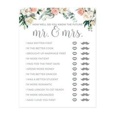 a printable wedding game with flowers and the words mr and mrs written on it