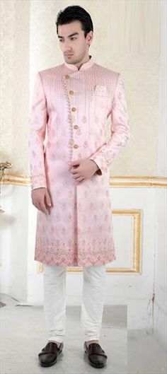 Pink and Majenta color Sherwani in Brocade fabric with Embroidered, Resham, Sequence work Luxury Pink Sherwani For Transitional Season, Luxury Pink Sherwani With Pallu, Pink Fitted Bollywood Sherwani, Pink Long Sleeve Bollywood Sherwani, Pink Semi-stitched Sherwani With Long Sleeves, Semi-stitched Brocade Bollywood Sherwani, Pink Embroidered Semi-stitched Sherwani, Brocade Fabric, Pink