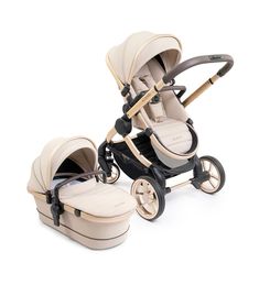 two baby strollers, one is beige and the other is black