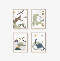 three dinosaur prints are hanging on the wall