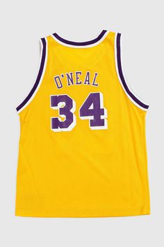 Sourced in CanadaShaquille O'Neal jerseyMeasurementsTag: Youth LFits Like: Women's SPit to Pit: 18" Length: 23.5" Condition: Minor graphic fading, good vintage conditionMaterial Composition: 100% PolyesterColour: Yellow, Purple Casual Sleeveless College Jersey, Collegiate Sleeveless Jersey For Streetwear, Casual Basketball Jersey For Sports Season, Throwback Sleeveless Top For Streetwear, Sleeveless Cotton Jersey For Streetwear, Casual Sleeveless Cotton Jersey, Casual Basketball Jersey With Letter Print, Cotton Sleeveless Jersey For Streetwear, Sleeveless Jersey For Streetwear