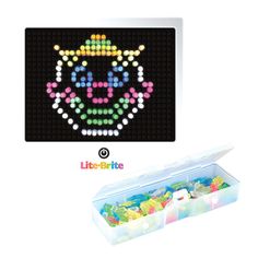 a plastic container filled with lots of colorful beads next to an image of a cat