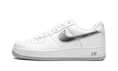 The Nike Air Force 1 Low “Silver Swoosh” is a versatile colorway of the vintage basketball sneaker based on its “White on White” design, but with a twist.  Just like the Air Force 1’s “White on White” colorway, the “Silver Swoosh” has an all-white leather upper, but trades the former’s white leather Swoosh for a Metallic Silver leather Swoosh.  As for the rest of the shoe, silver, old school-inspired “Nike Air” branding is embroidered on the heel.  Silver “Air Force 1” branding is printed on the Classic Low-top Nike Air Force 1 For Sports, Classic Nike Air Force 1 Low-top Sports Shoes, Modern White Low-top Nike Air Force 1, Nike Air Force 1 Low-top Synthetic, White Synthetic Low-top Nike Air Force 1, Air Logo, Vintage Basketball, Nike Air Force 1 Low, Mens Nike Air