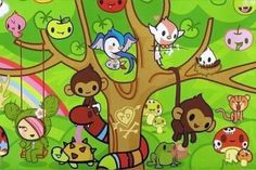 an image of a cartoon tree with animals and birds on it's branches in the background