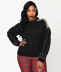 Plus Size Black & Faux Pearl Studded Knit Sweater - Unique Vintage - Womens, TOPS, SWEATERS Black Pullover Sweater, Black Pullover, Plus Size Black, Pearl Studs, Casual Outfit, Scoop Neckline, Pullover Sweater, Unique Vintage, Faux Pearl