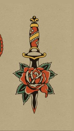 an old school tattoo design with a dagger and rose on the side, next to a snake