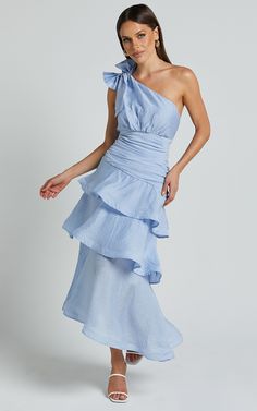 Eugenia Midi Dress - One Shoulder Fit and Flare Layered Dress in Pale Blue Garden Formal, Pale Blue Dresses, Ceremony Dresses, Cocktail Dress Wedding, Layered Dress, Blue Bridesmaids, Layer Dress, Formal Attire, Long Dresses