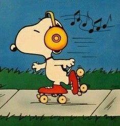 a cartoon dog riding a skateboard with music notes in the background