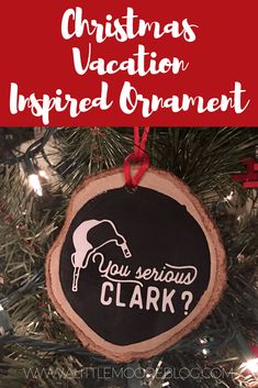 a christmas ornament with the words you serious clark on it, hanging from a tree