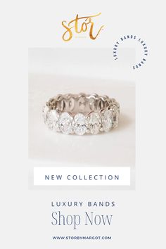 a white gold ring with five round diamonds on it and the words, new collection luxury bands shop now