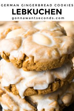 german gingerbread cookies with white icing are stacked on top of each other and the title is below