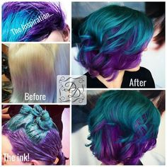 Star Hair Dye Technique, Vivid Ombre Hair Color, Vibrant Hair Color Ideas Short, Creative Hair Color Short, Creative Hair Color Placement, Peacock Hair Color, Hair Dye Techniques, Hair Color Placement, Peacock Hair