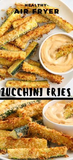 zucchini fries on a plate with dipping sauce in the middle and an image of air fryer fried zucchini fries