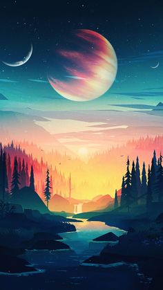 an image of a sunset with planets and trees