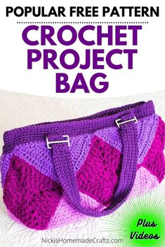 the crochet project bag is shown with text overlay