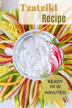 a plate with apples, carrots and dip on it that says tatsuki recipe ready in 10 minutes