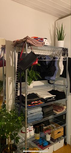 a metal shelving unit with clothes and plants