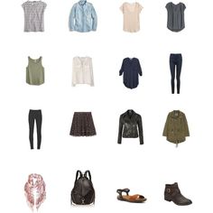 an assortment of clothes and shoes arranged on a white background