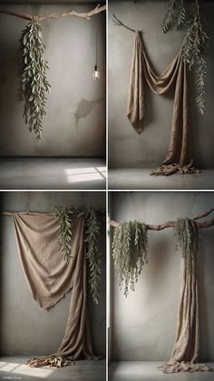 four different images of curtains with plants hanging from them