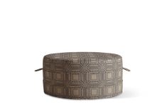 a round ottoman that is made out of fabric and has an intricate pattern on it