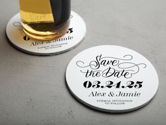 save the date coasters with gold foil on them