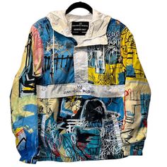 Members Only Jean-Michel Basquiat Light Weight Pullover Jacket Front Pockets Side Zip 1/4 Zip Hooded Graffiti Brand New With Tags! Nwt! Mens Size Medium Measures Approx. 21.5“ Under Arm To Under Arm X 28.25“ Top Shoulder To Bottom Hem. Comes From A Clean And Smoke Free Home! Graffiti Clothing, Jacket Designs, Half Zip Windbreaker, Maroon Jacket, Pullover Half Zip, Members Only Jacket, Michel Basquiat, Queer Fashion, Only Jeans